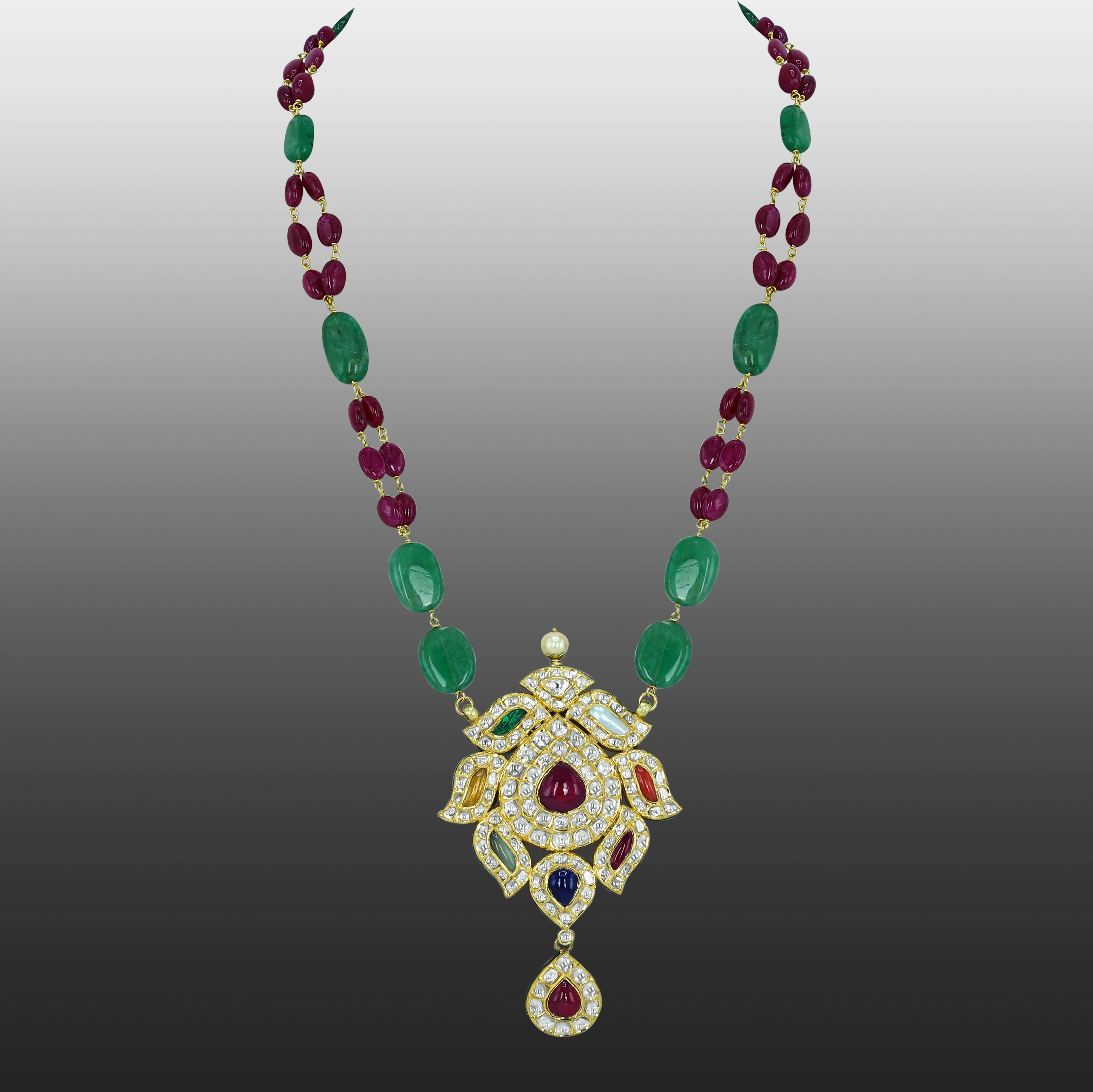 Navaratan Pendant Necklace with Polkis, Ruby, and Emerald Beads
